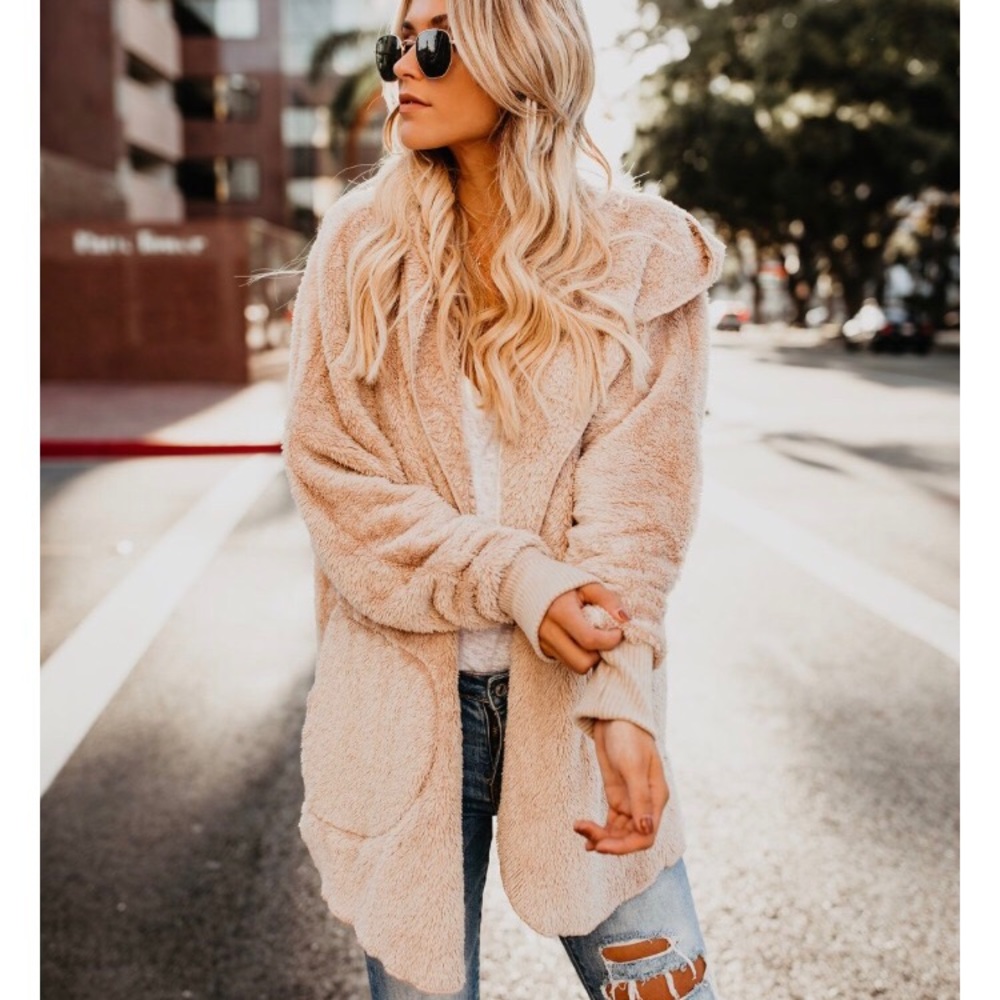 SMALL Plush Cozy Tan Open Front Hooded Cardi - Picture 8 of 8